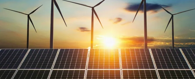 Atardecer con paneles solares y turbinas eólicas